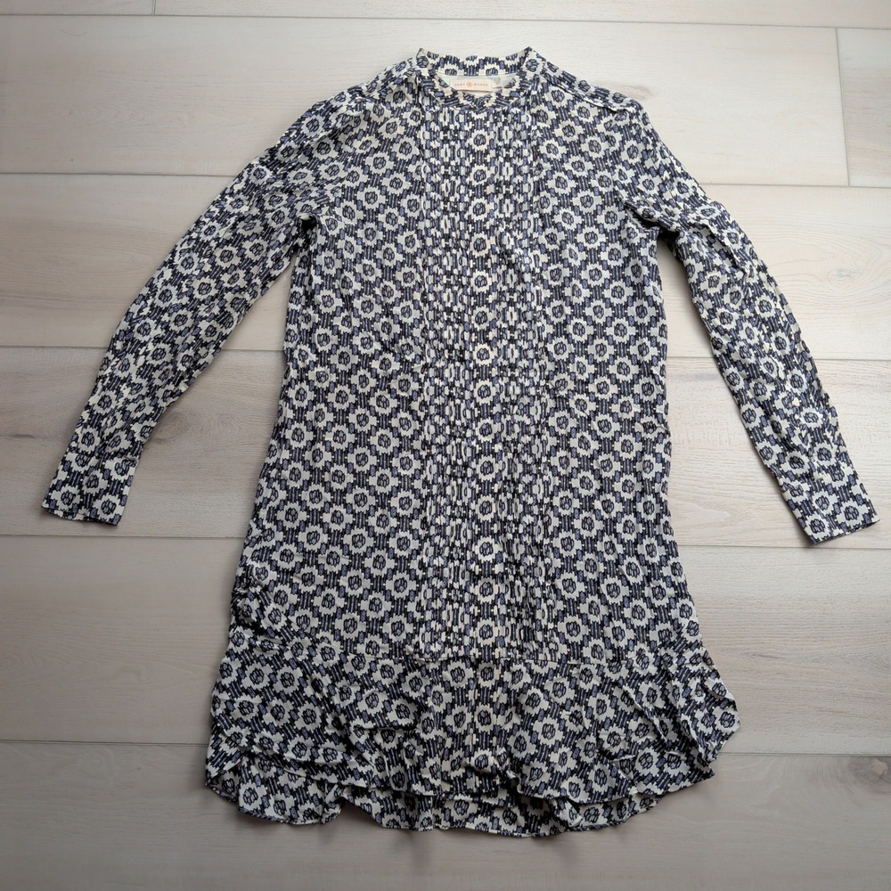 Tory Burch Mini Dress Womens 4 Navy Blue Geometric Pleated Bib Ruffle Hem Silk